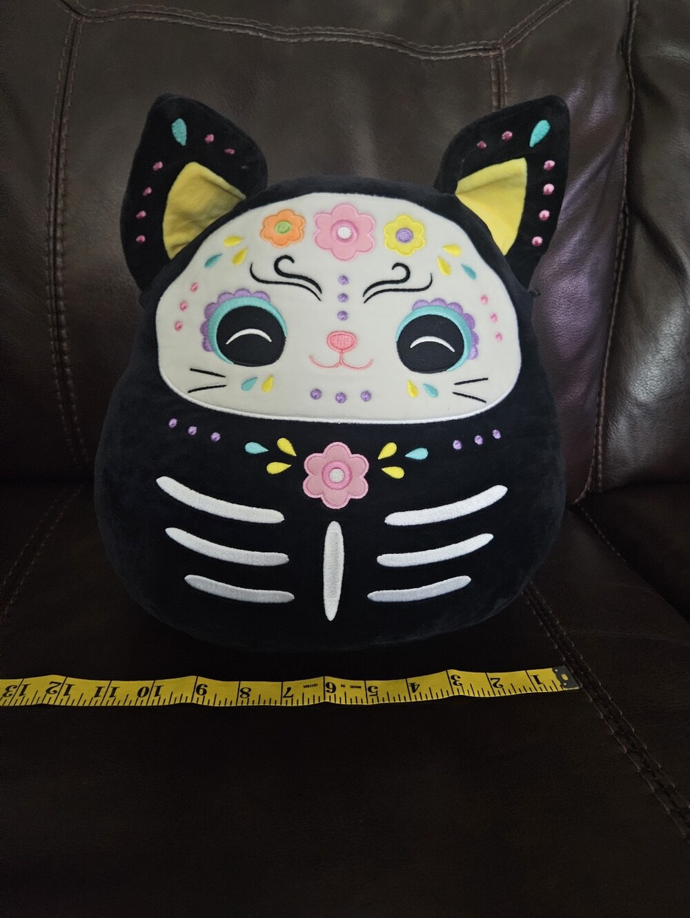 NWOT Squishmallows Black Floral Skeleton Cat Plush with Pastel Accents
